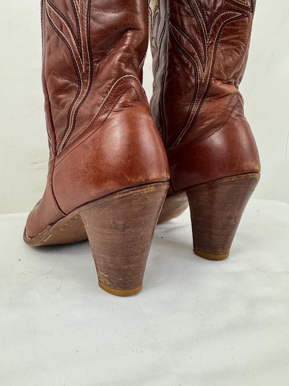 Vintage Dan Post Brown Leather Patchwork Flower W… - image 6