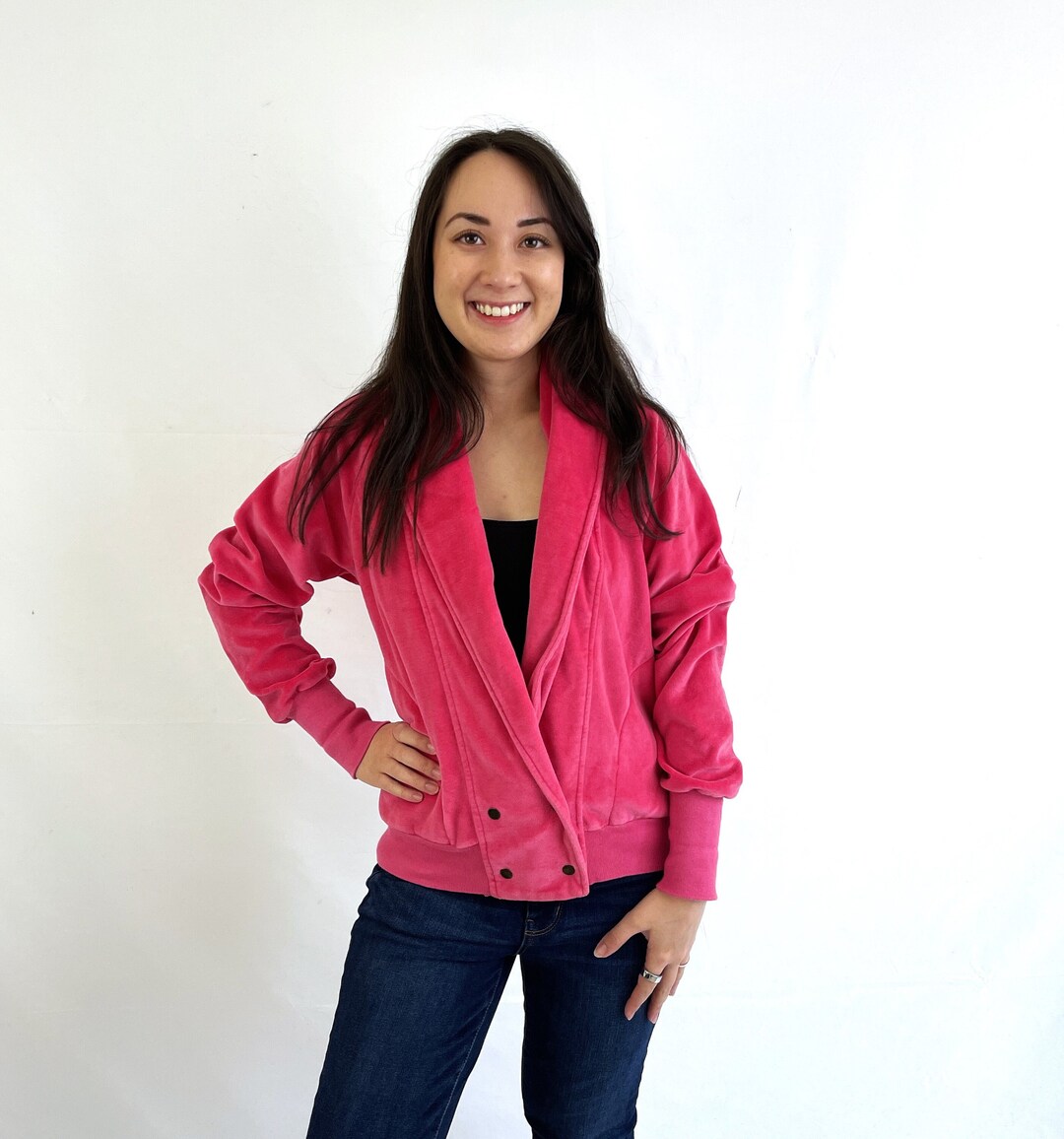 Vintage 80s Pink Velveteen Velour Zip up Sweatshirt Track Jacket - High ...