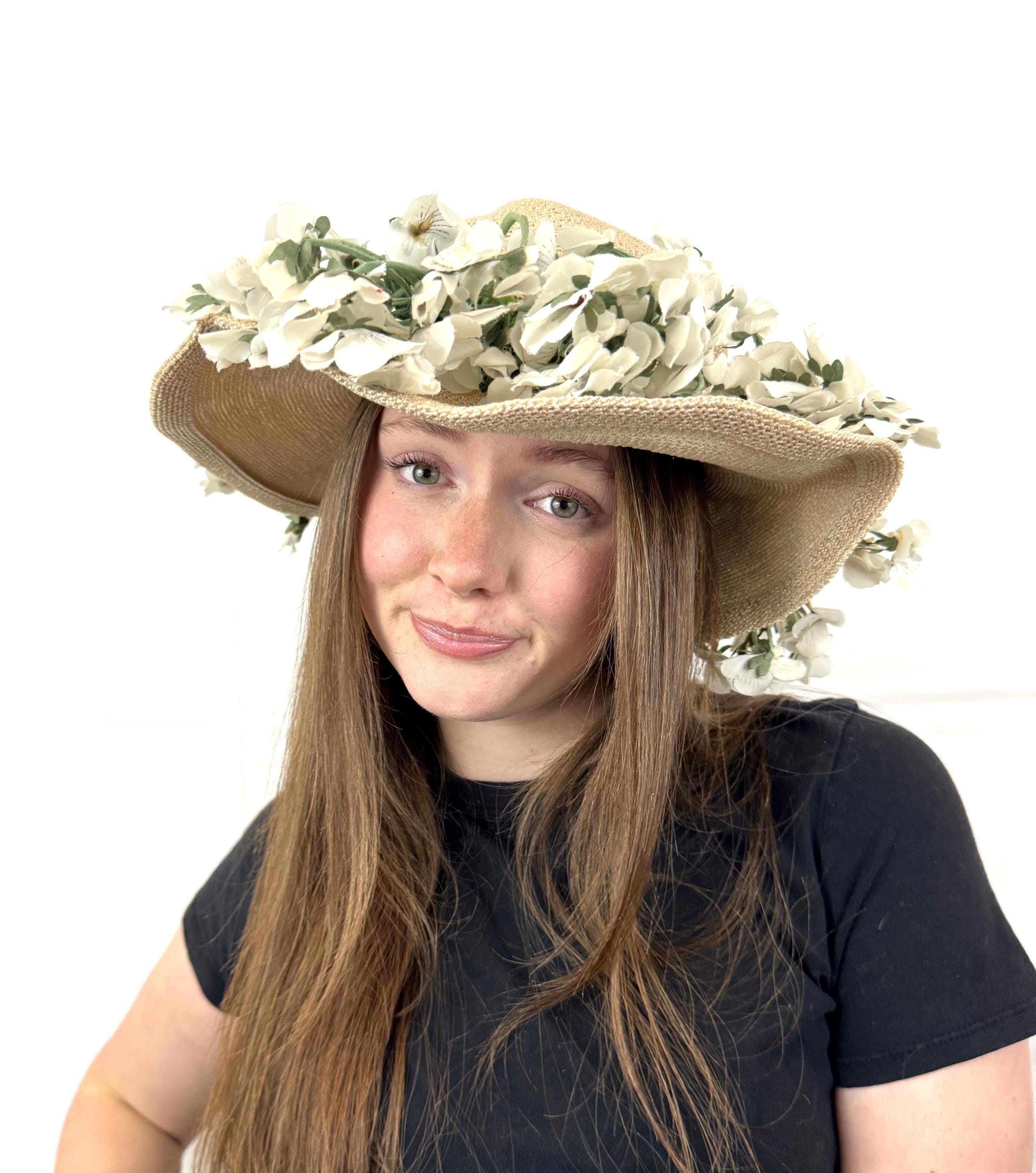 Vintage 1950s Sun Hat 50s White Floral Woven Brown Straw Wide Brim Picture Hat 1950s Happy Cappers Straw Sun Hat with Scarf | For Gardeners main image 3