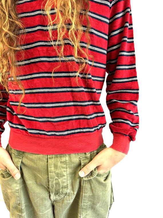 Vintage 1980s 80s Striped Velour Pullover Top - C… - image 3