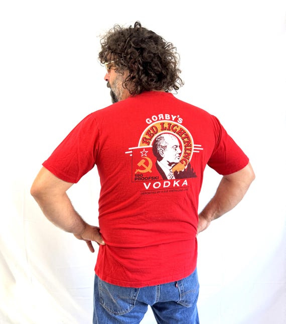 Vintage 90s Vtg Gorbys Vodka Crazy Shirt Red Lightning Gorbachev