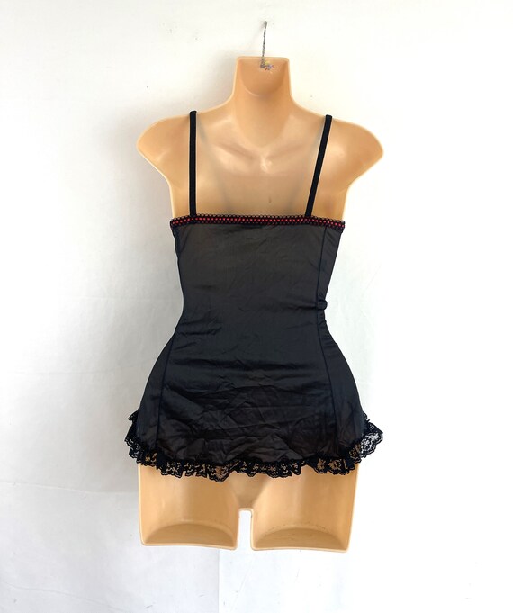 Vintage 1980s 80s Black Red Trim Nightie Slip Lin… - image 5