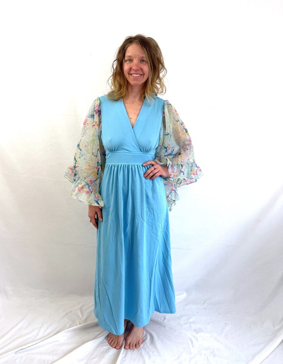 WOW Vintage 1970s 70s Blue Polyester Maxi Angel B… - image 2