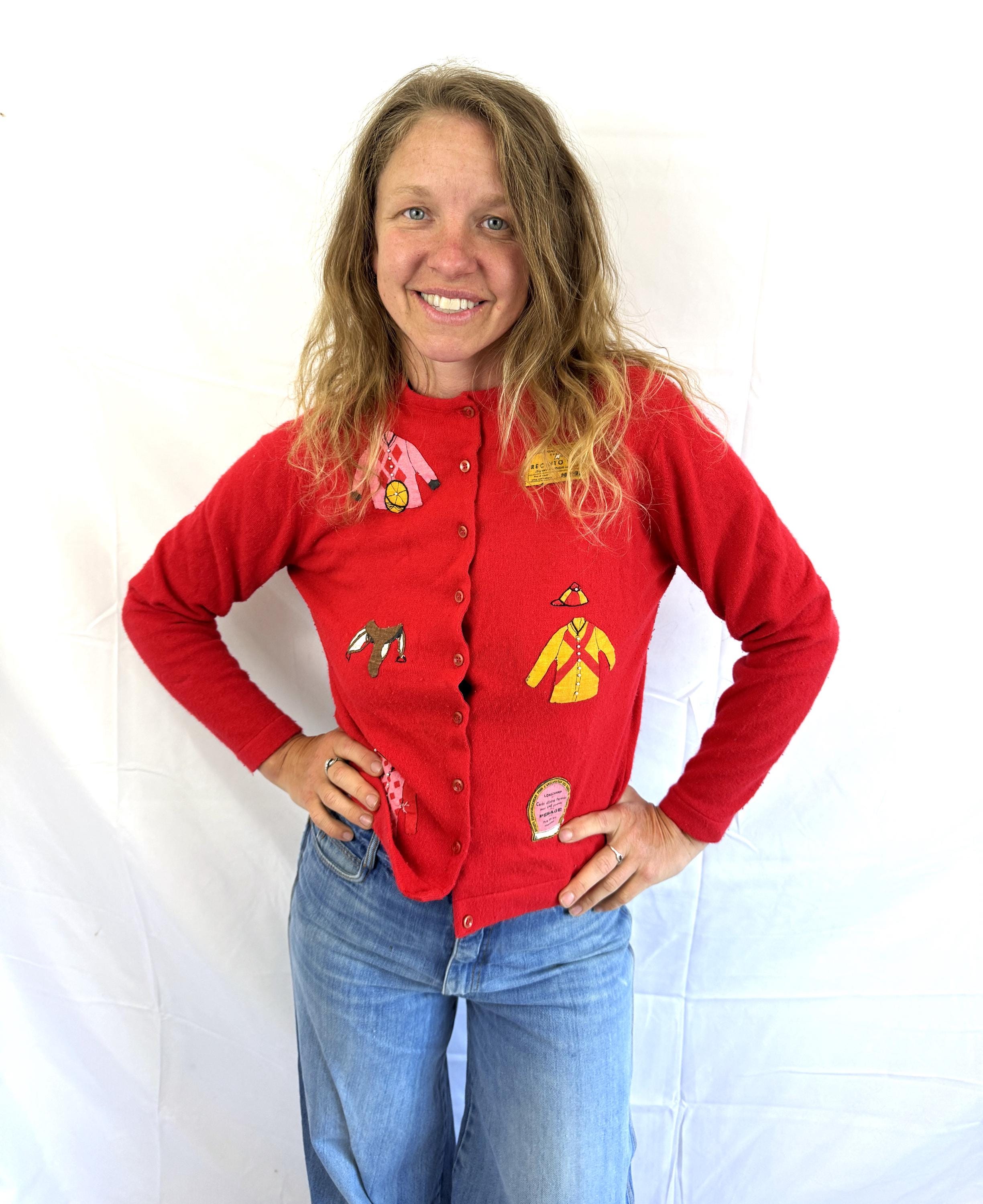 Vintage 50s 1960s Red Jockey Horse Novelty Cardigan Sweater