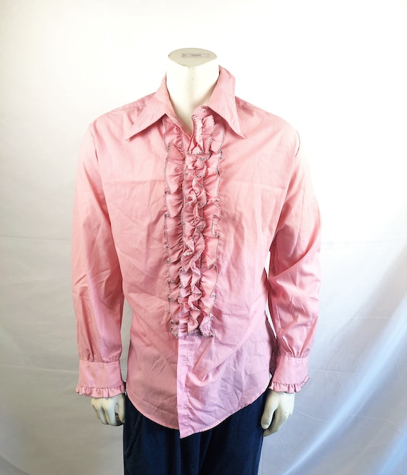 Vintage Men's 1970s 70s Pink Tuxedo Ruffled Button
