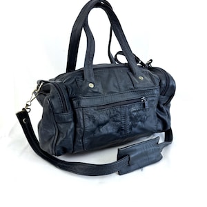 Mini bolso de lona mexicano vintage de cuero con patchwork azul