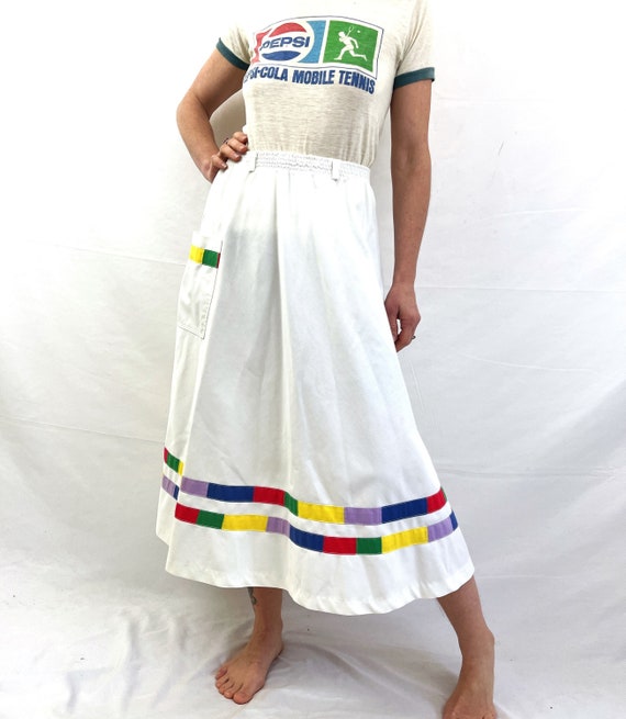 Vintage Cute 1970s 80s White Skirt - Rainbow Trim 