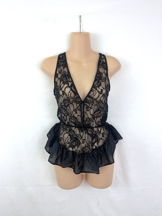 Vintage 1980s 80s Black Lingerie Lace Negligee Top