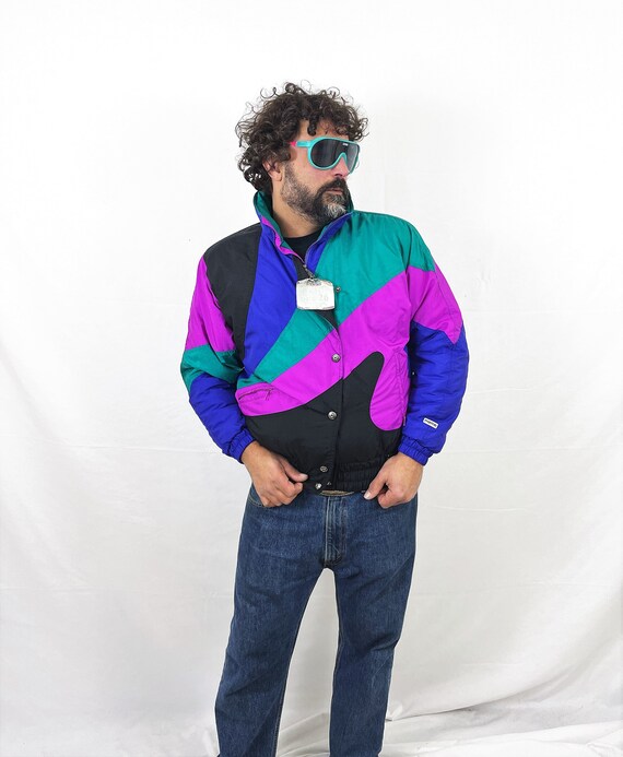 Vintage 80s 90s Puffy SKI JACKET Colorful Shapes Neon Color 