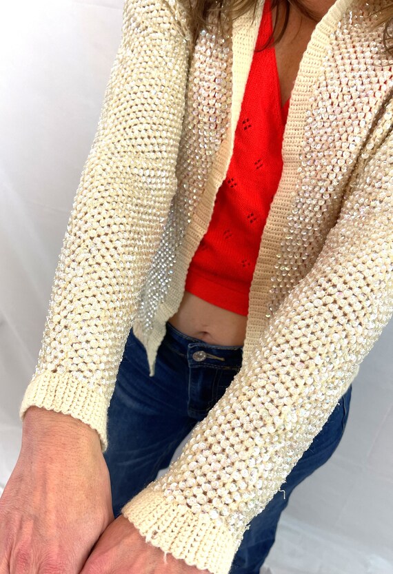 Vintage 60s Cardigan Black Sequin Lambswool Sweater Saks 5th Av - M