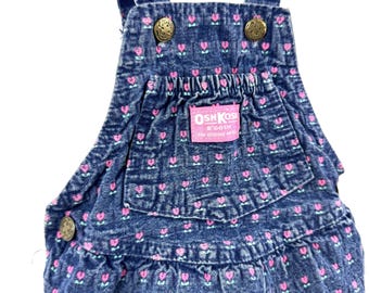 Vintage Oshkosh B'gosh Denim Overalls Skirt: Pink Flower Print