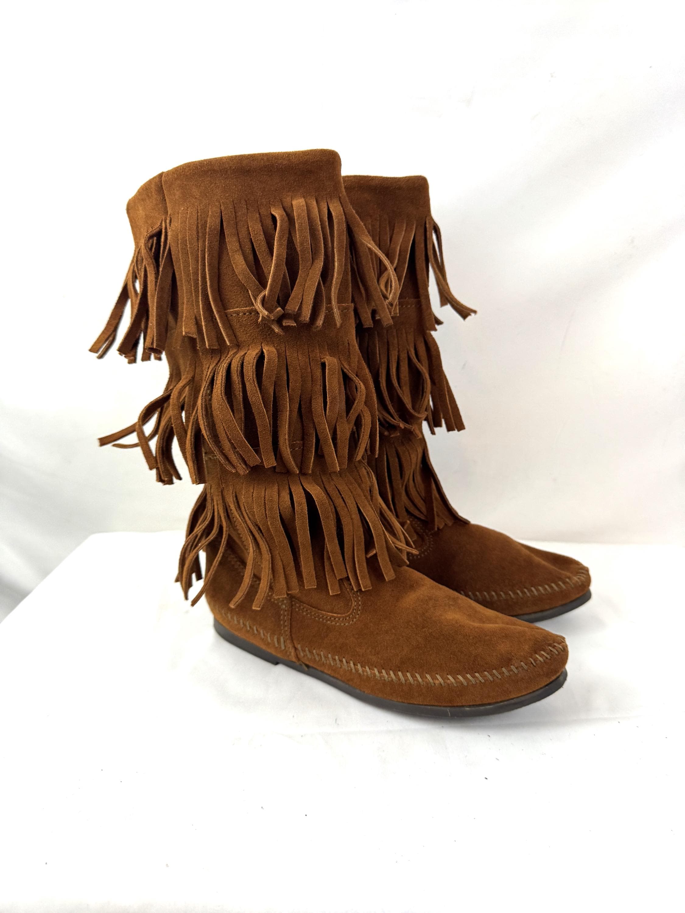 Minnetonka Rust Suede Fringe Moccasins MINNETONKA Moccasins Ankle High Top Fringe Boots Brown Suede  main image 4