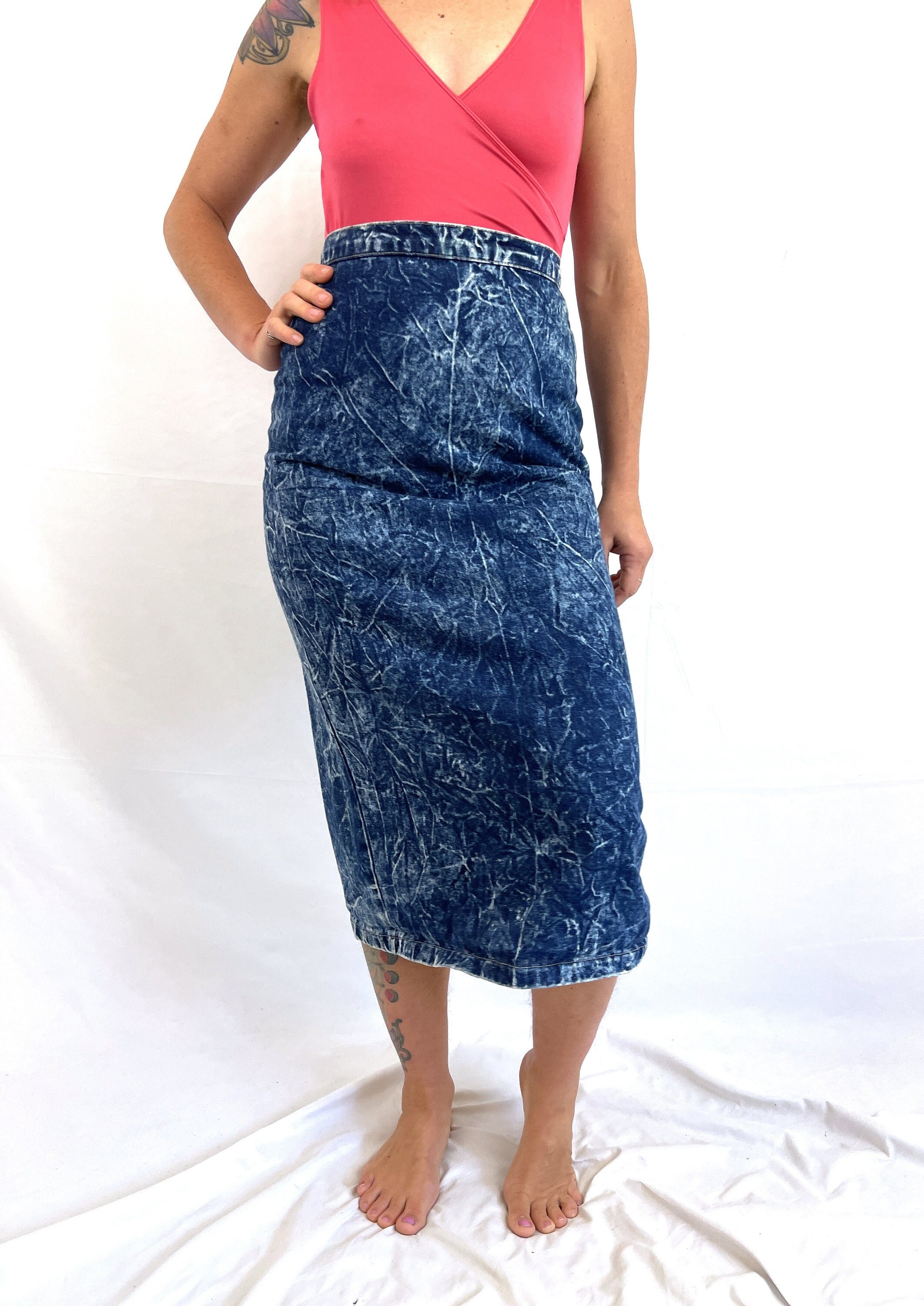 High Low Acid Wash Denim Skirt