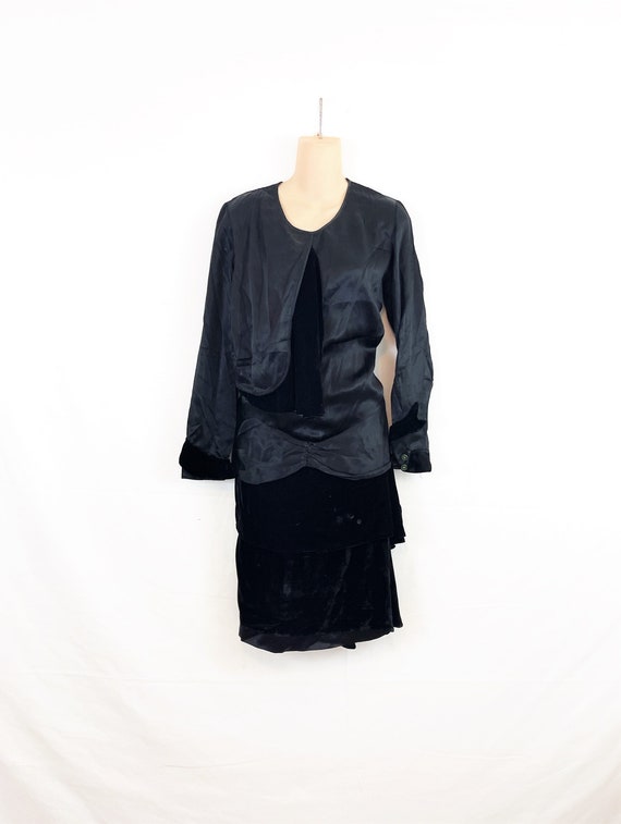 Vintage Silk 1920s -1930s RARE Black Satin Velvet… - image 1