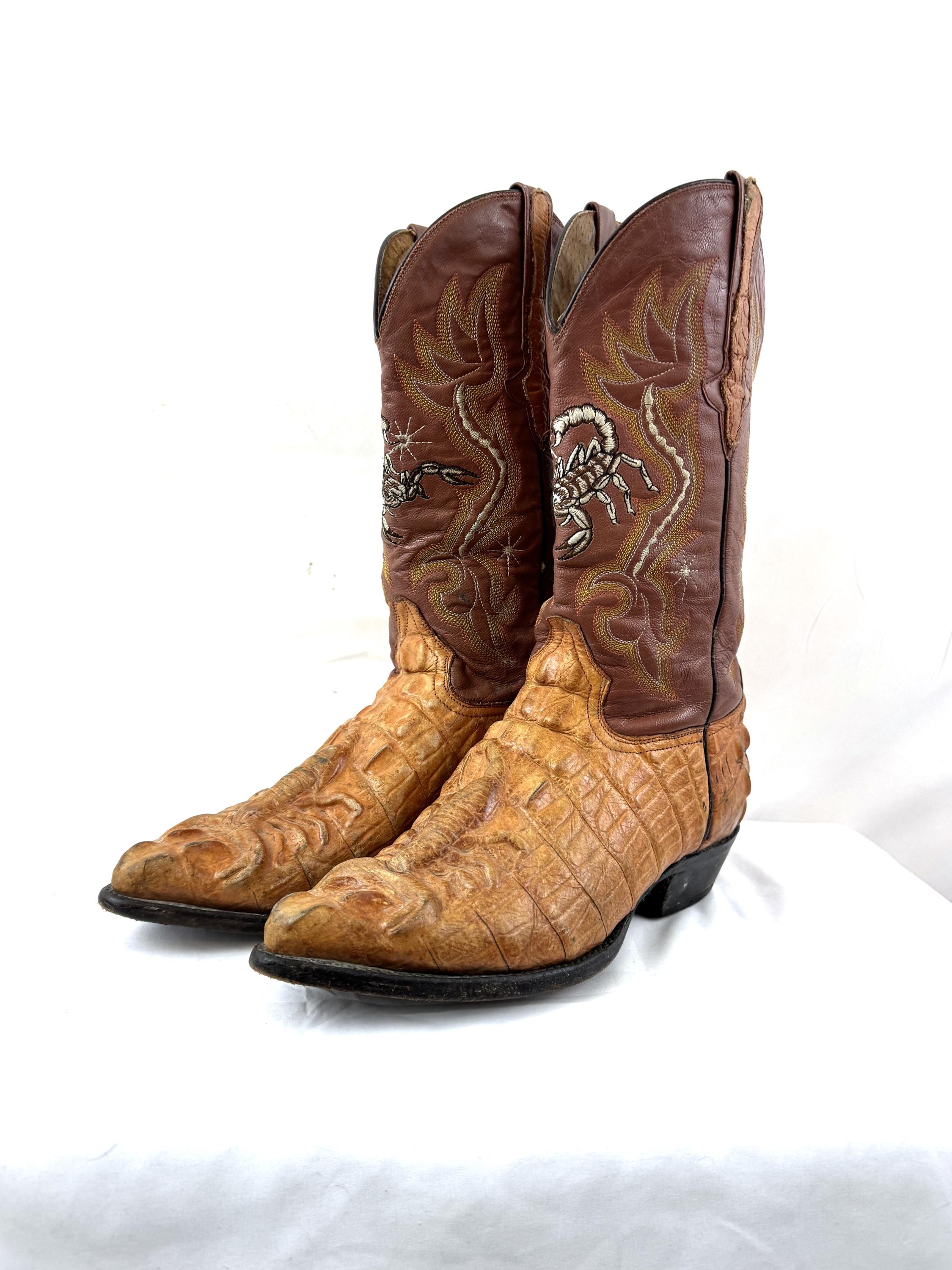 Vintage Y2K Brown Leather Western Boots: Embossed Scorpion Design