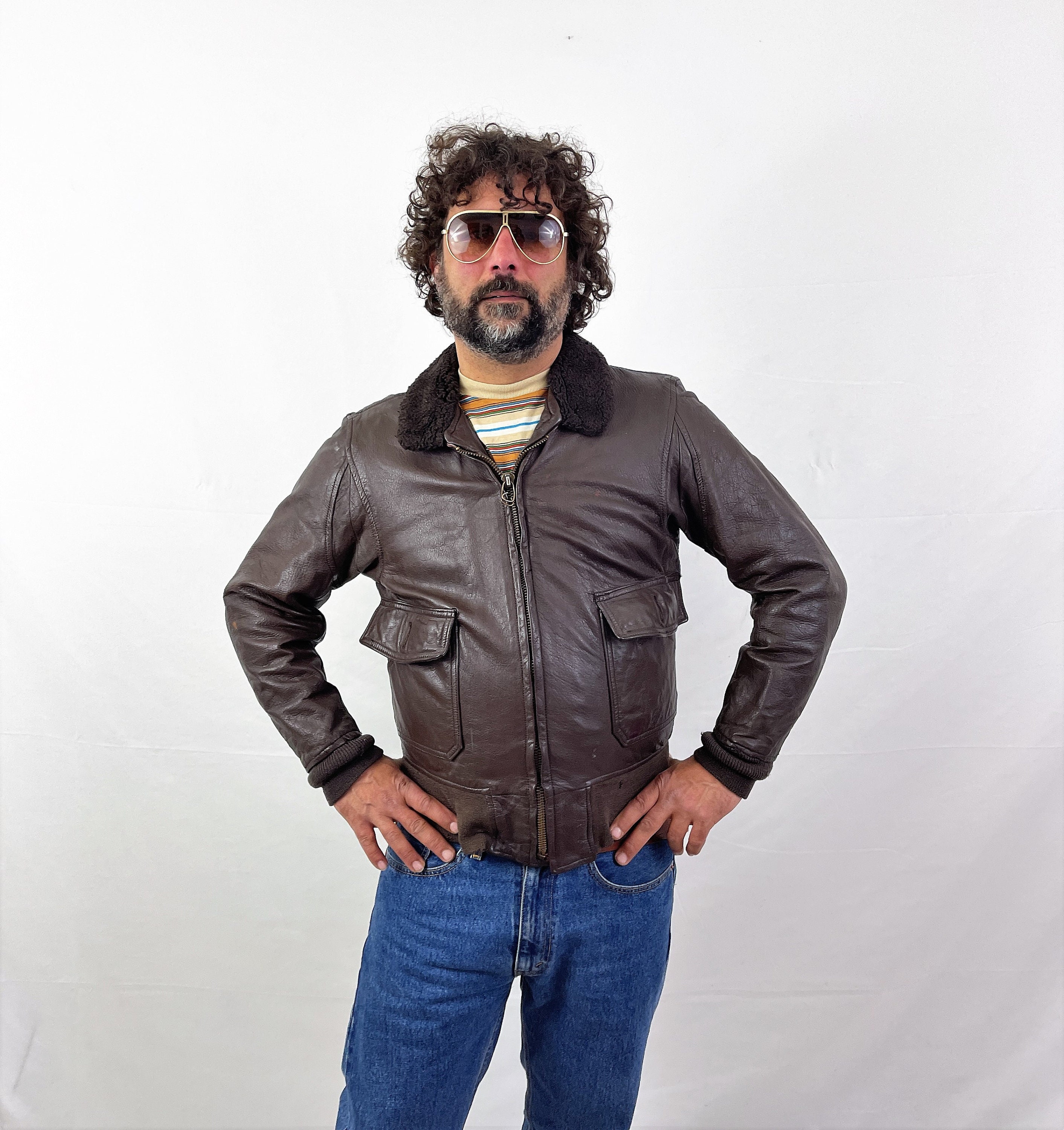 Vintage 1950s 50s USN Leather Brown Intermediate Flyers Bomber 