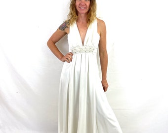 Amazing Beaded Vintage 1960s 1970s 70s Jack Bryan Dupuis White Silver Rhinestone Bead Formal Cocktail Maxi Dress