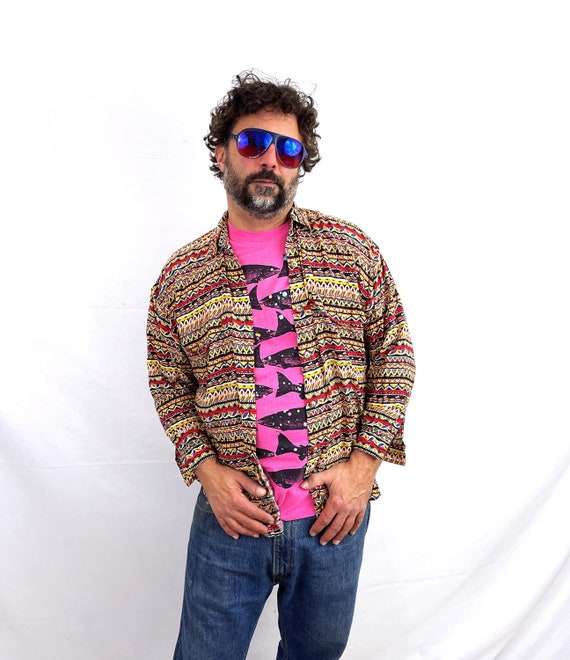Vintage 80s 90s Rayon Button up Geometric Abstract Shirt - Ary 