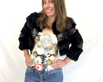 Vintage Y2K 2000s Black Real Animal Fur Cropped Lace Jacket - Alberto Makali New York