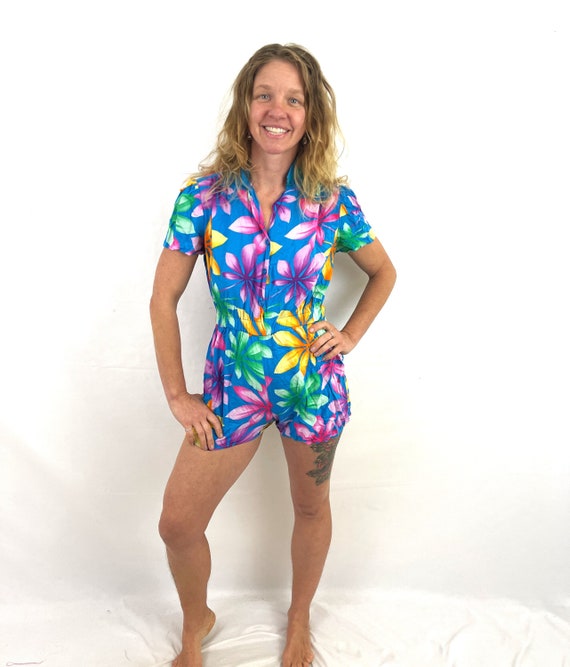 Vintage 80s 90s Tropical Rainbow Summer Romper - S