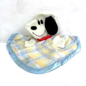Vintage Knickerbocker Snoopy Rutig Satin Baby Säkerhetsfilt Lovey Puppet