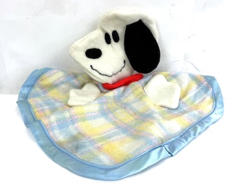 Vintage Knickerbocker Snoopy Plaid Satin Baby Security Blanket Lovey Puppet