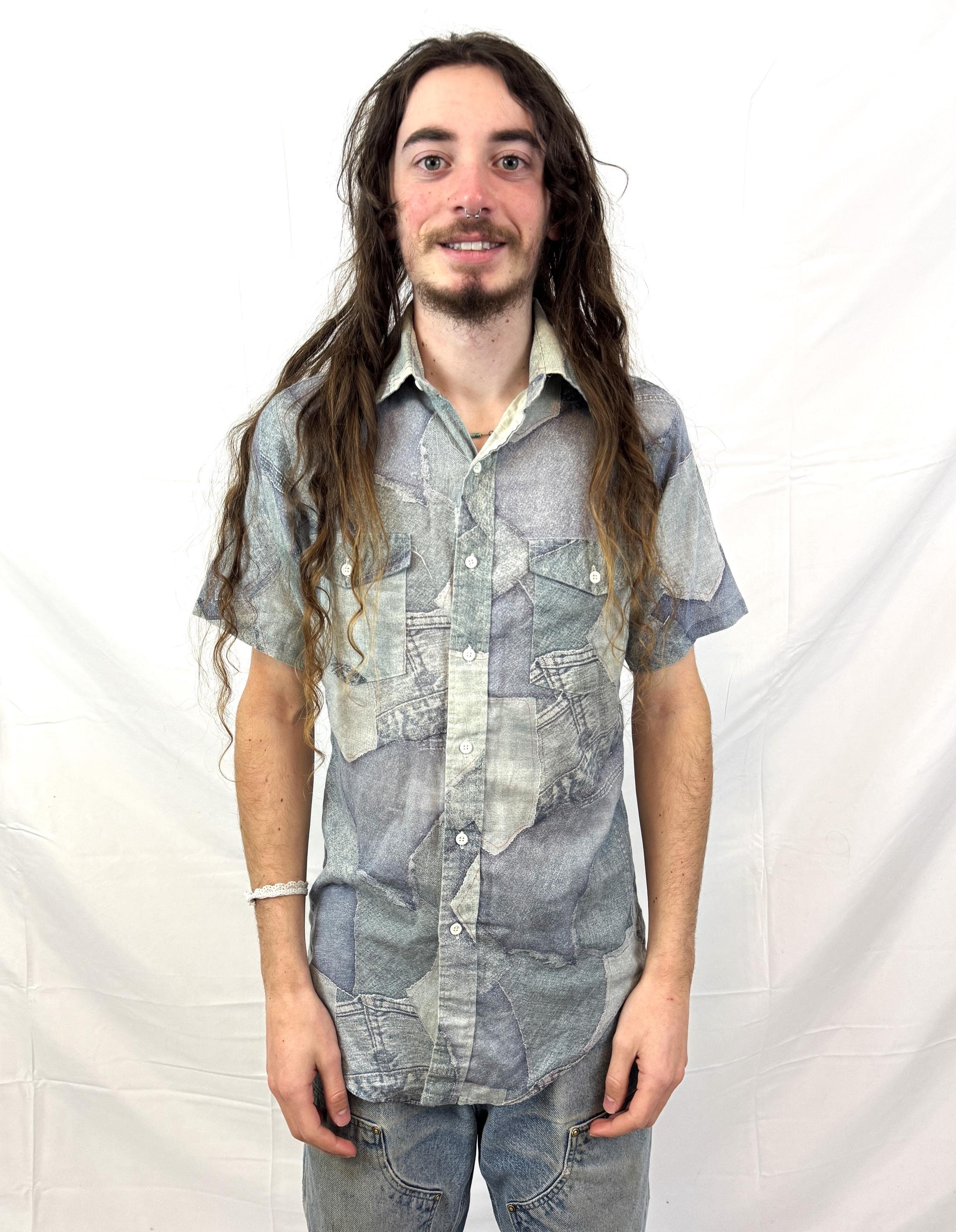 Vintage 1970s 70s Denim Patchwork Print Button up Shirt - Kmart 