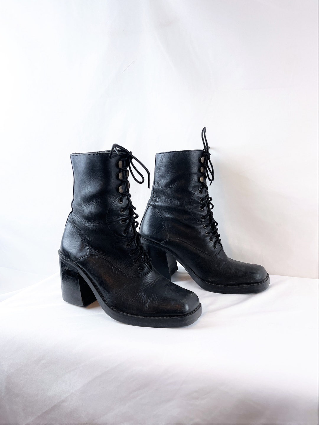 Vintage 80s 90s Black Shelly's of London Leather Platform Boots