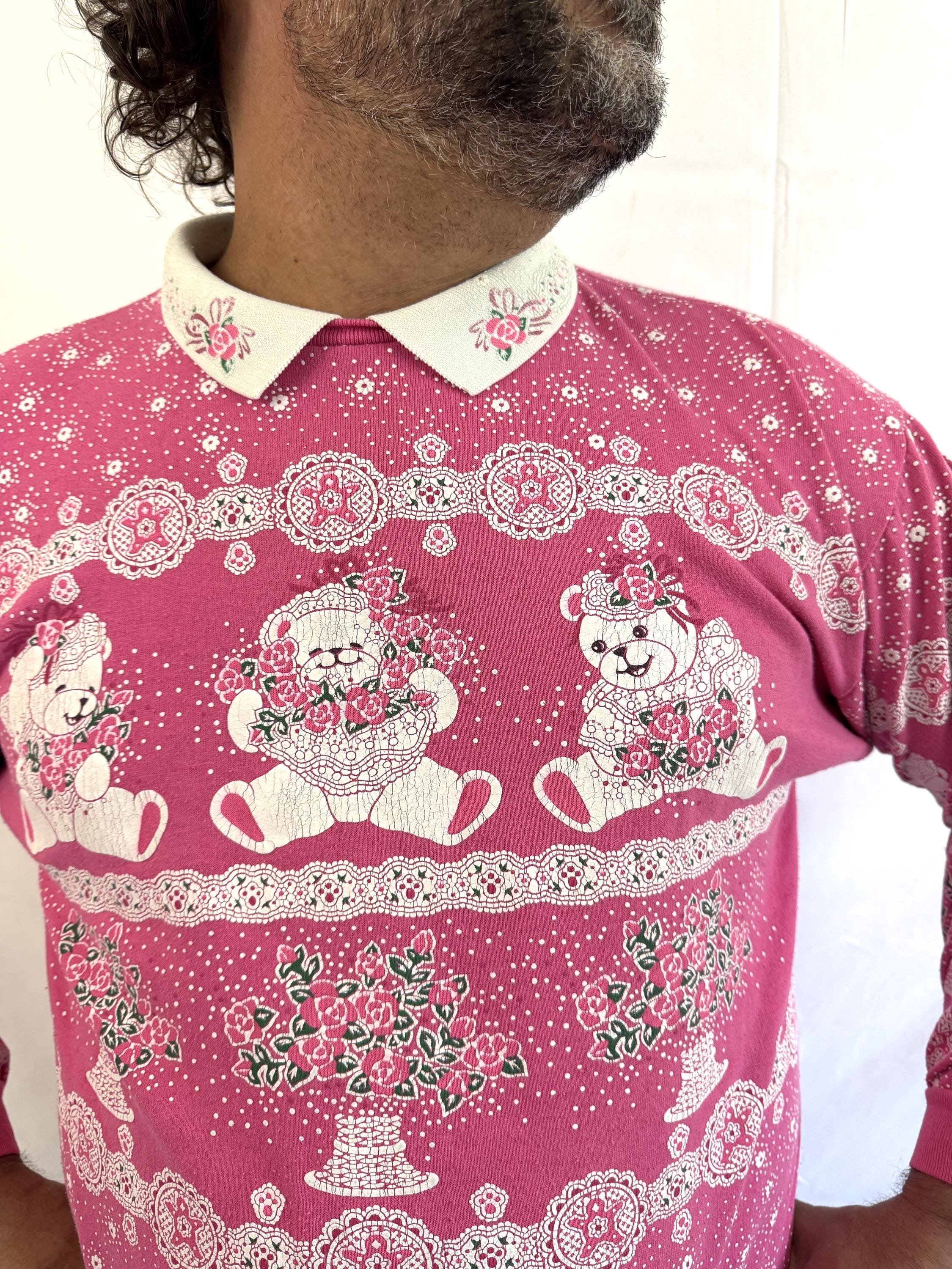 RARE Vintage 80s Puffy Pink Teddy Bear Sweatshirt - Spumoni