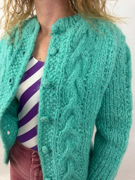 Vintage 1960s 60s Teal Knit Mohair Wool Cardigan Sweater - Made in