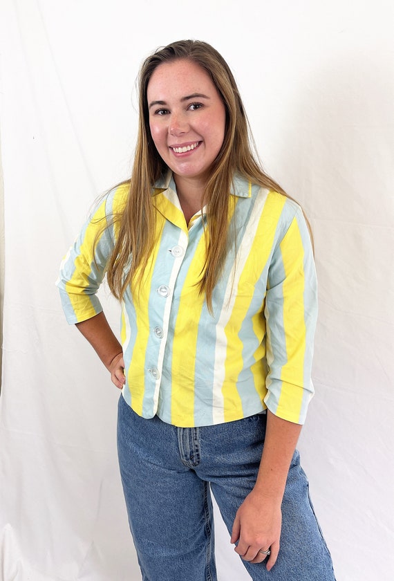 Vintage 1950s 1950s Yellow Blue Striped Button Up… - image 2