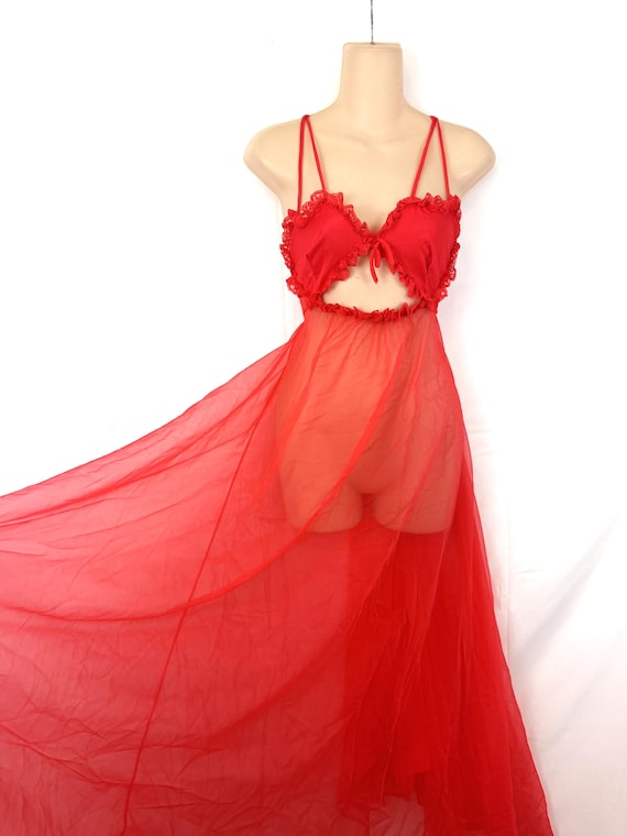 Vintage 1960s 60s Red Sheer Nightie Slip Maxi Lingerie Nightgown - Pandora Lingerie by Chic