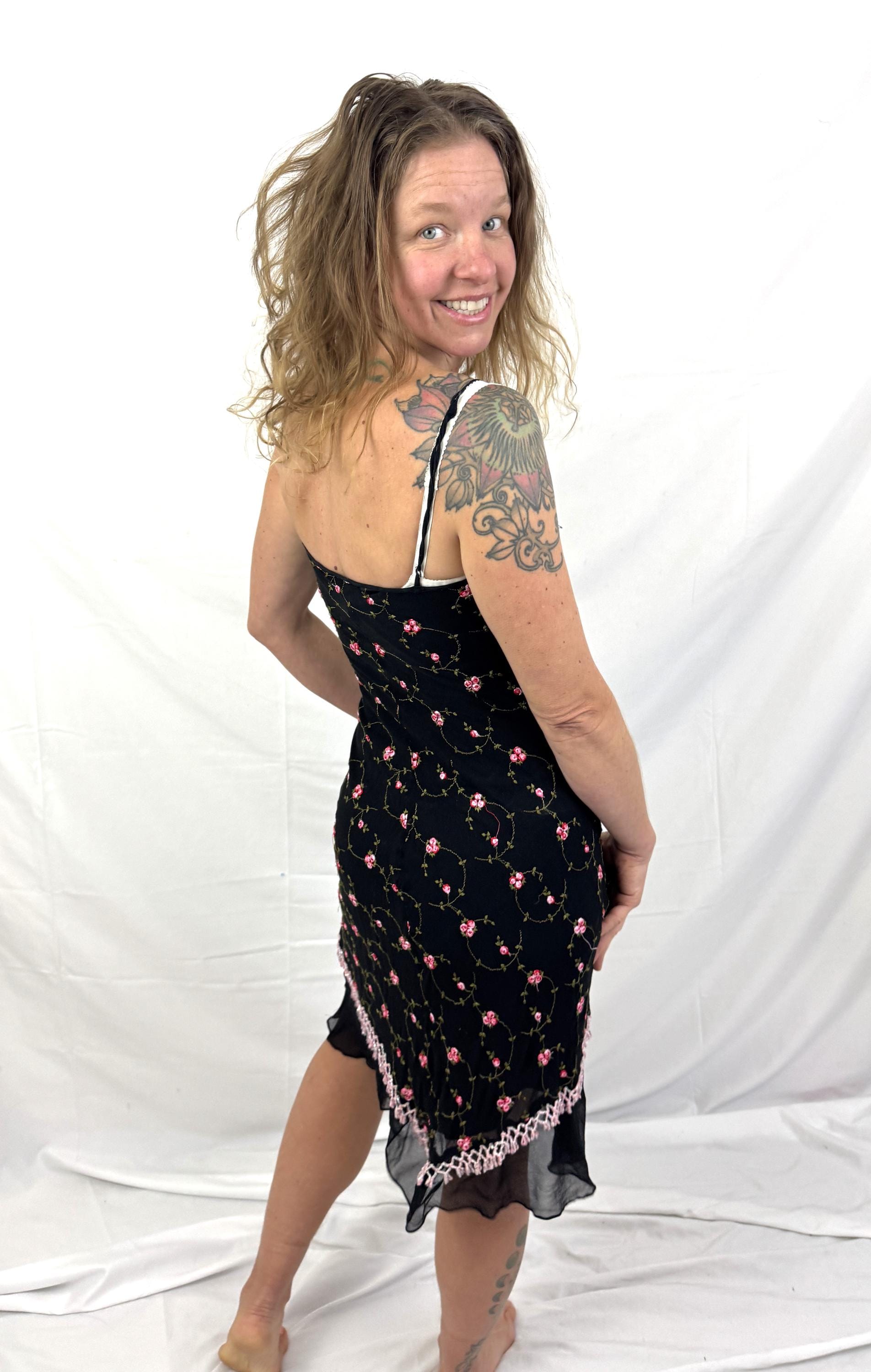 Vintage 90s 1990s Y2K Betsey Johnson Beaded Babydoll Black Pink