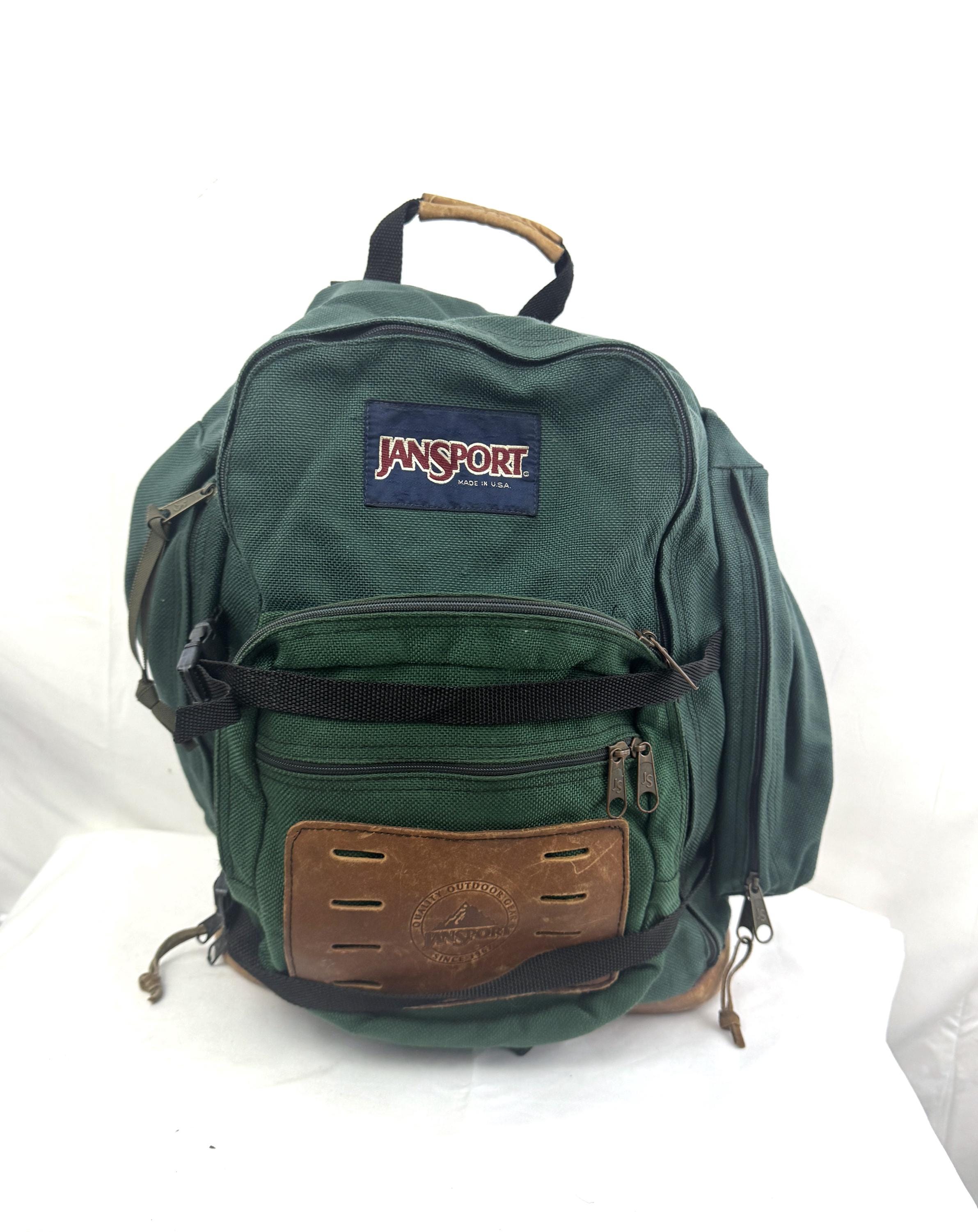 Vintage 1990s 90s Jansport Green Leather Bottom Hiking Daypack
