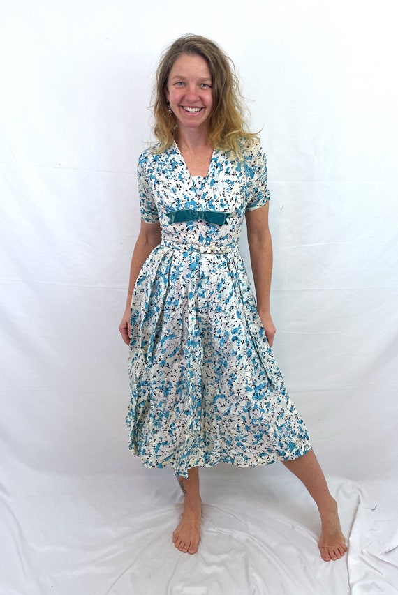 Vintage 1950s 50s Floral Blue White Party Formal … - image 3