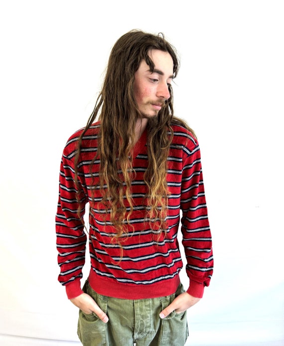 Vintage 1980s 80s Striped Velour Pullover Top - C… - image 1