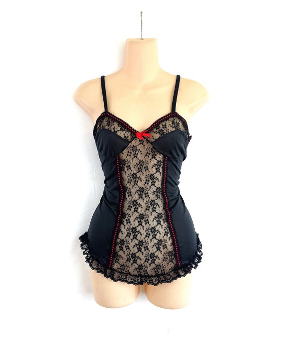 Vintage 1980s 80s Black Red Trim Nightie Slip Lin… - image 1