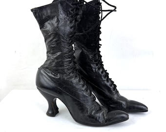Vintage Victorian Lace Up Tall 18 Eyelet Black Leather Boots Shoes