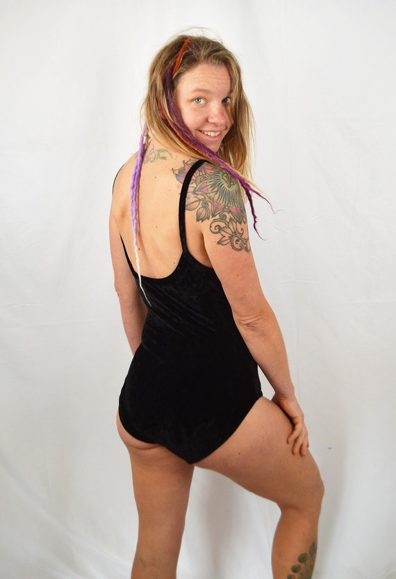 Vintage 1980s 90s Velvet Black Spandex Leotard