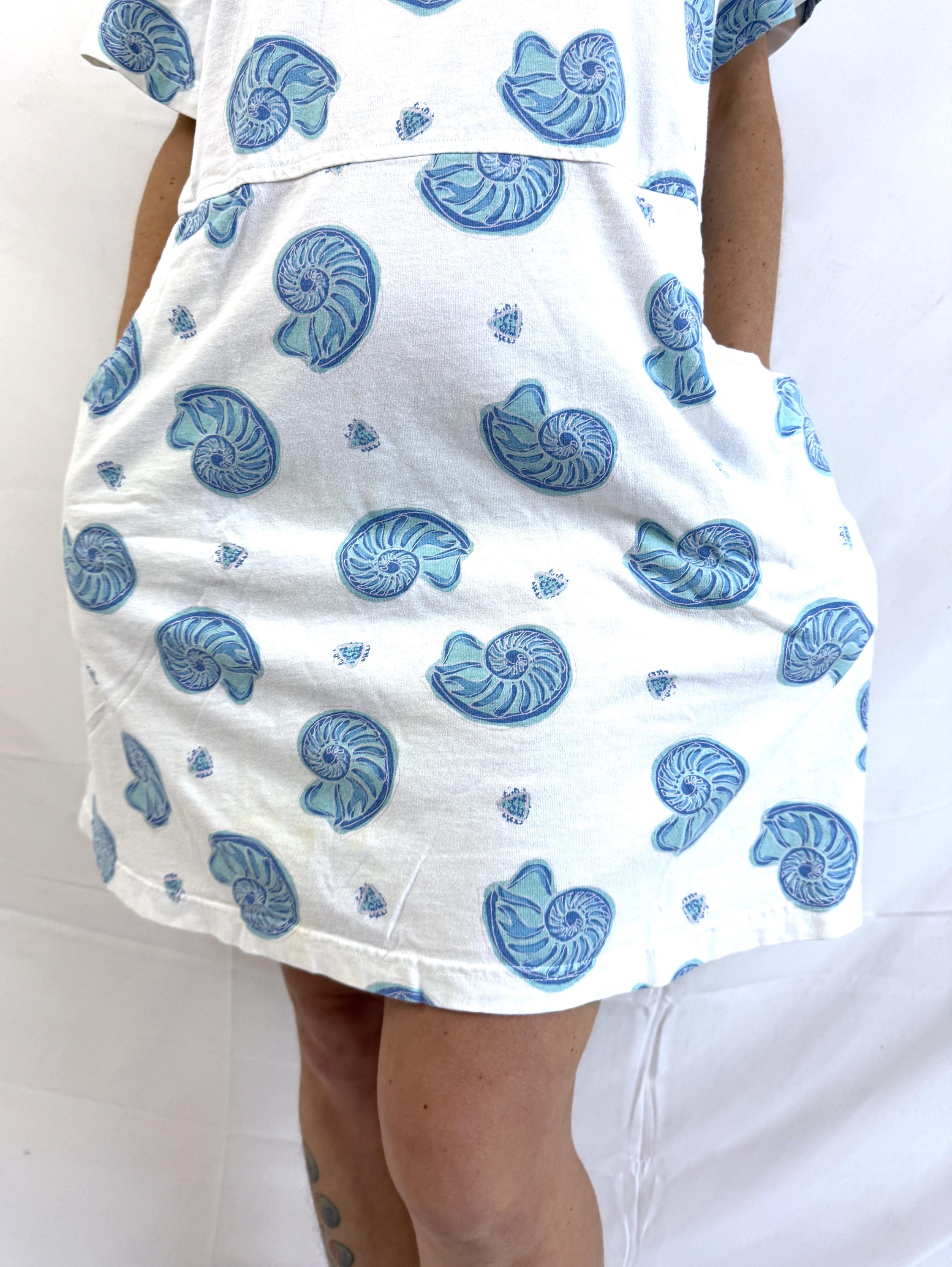 Vintage 90s 1990s Shell Seashell Print Cotton Summer Dress