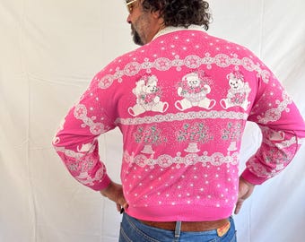 RARE Vintage 80s Puffy Pink Teddy Bear Sweatshirt - Spumoni