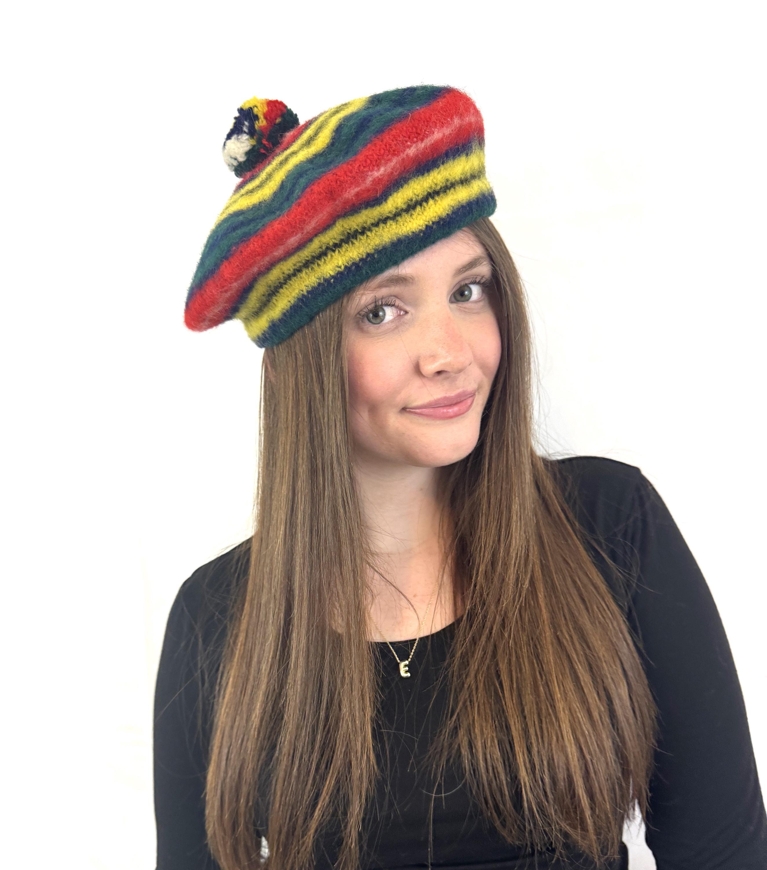 Vintage Scottish Knit Wool Beret Tam Pom Hat - Made in 