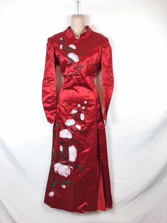 Distressed Vintage 1950 40s Red Satin Hand Painted