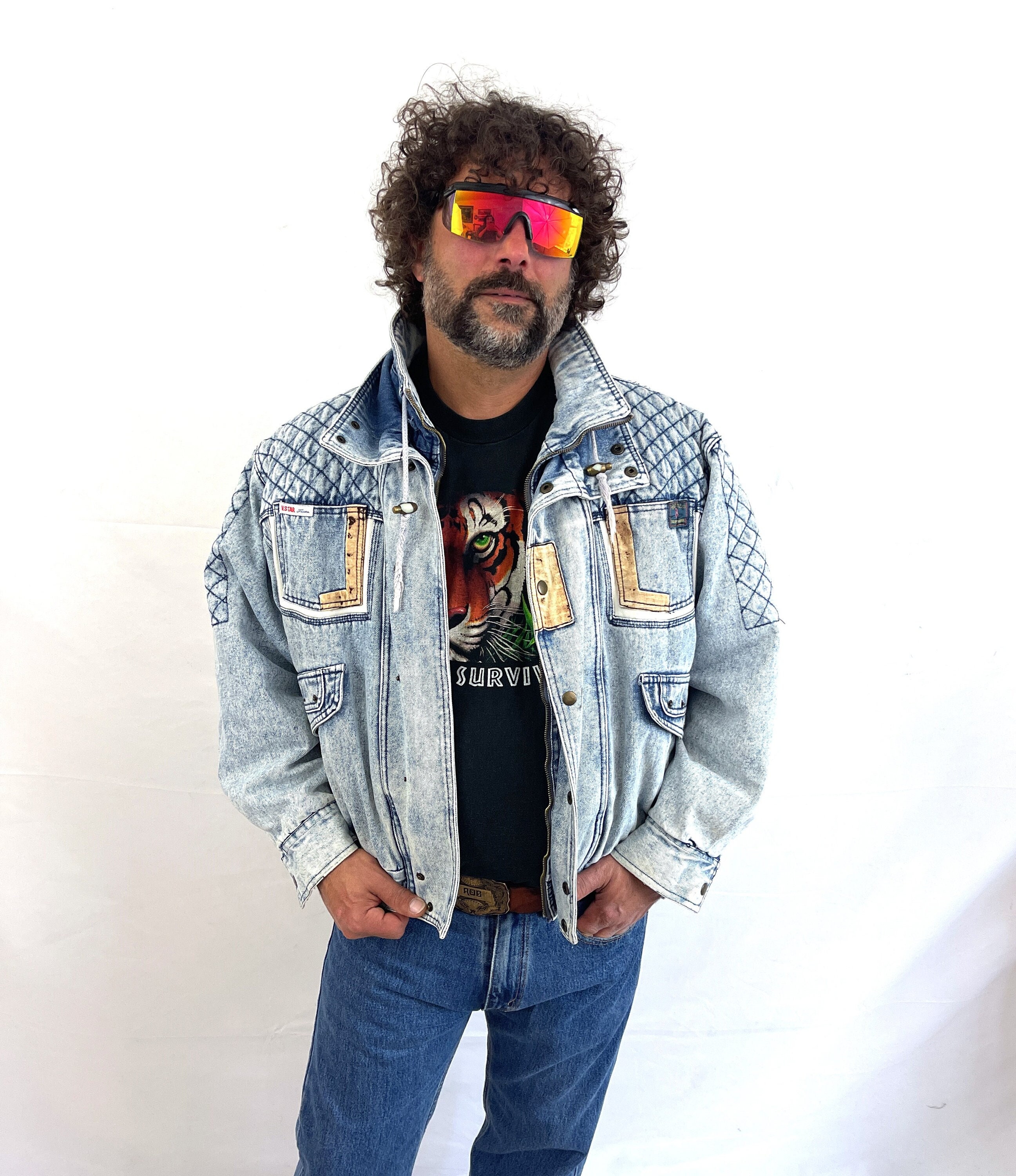 Vintage 80s Acid Washed Cropped Denim Shearling Jacket