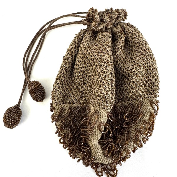 RARE Vintage 1920s 20s Beaded Drawstring Bag Pouch Purse Reticule