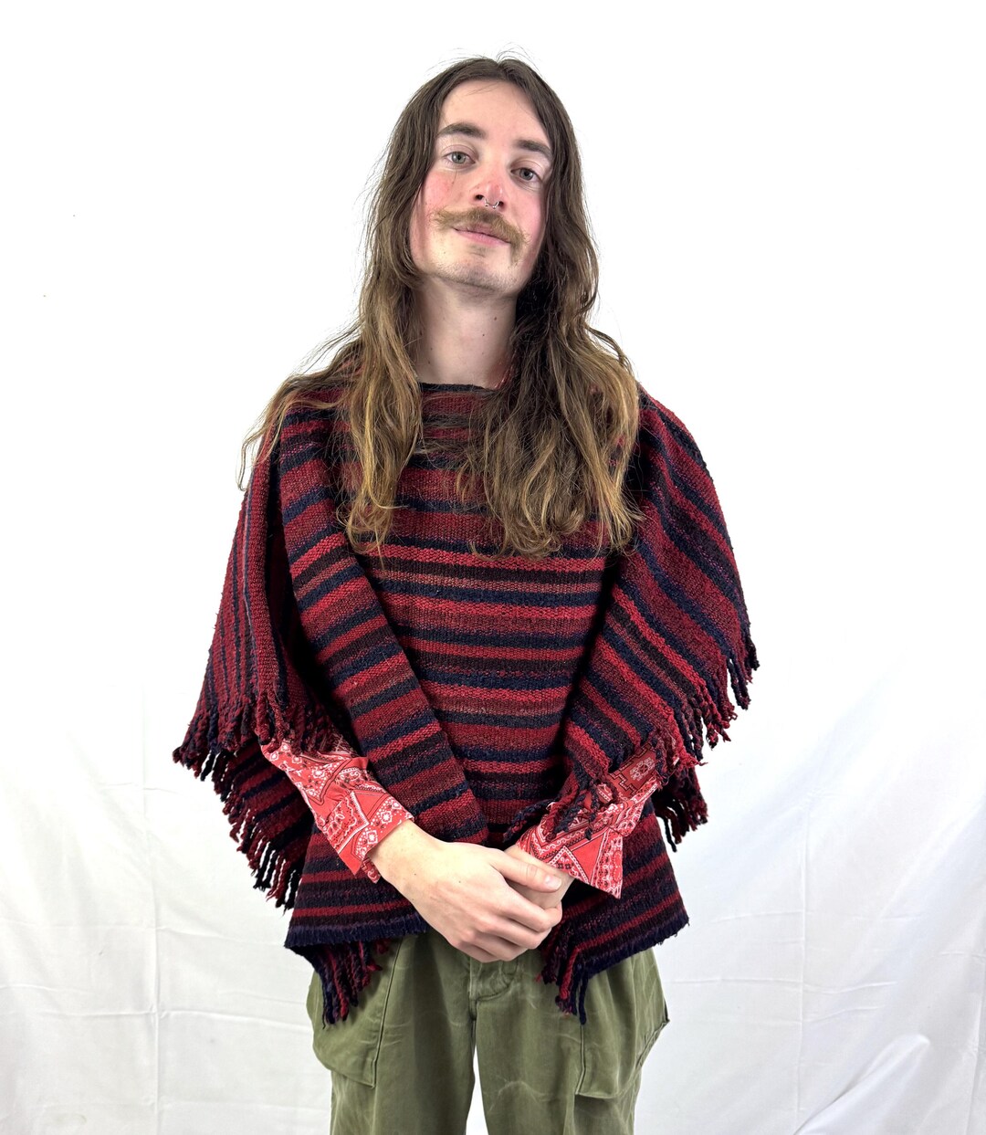 Knitting Reed Vintage Thick Warm Wool Knit Reed Black Striped Poncho Cape Coat - Etsy