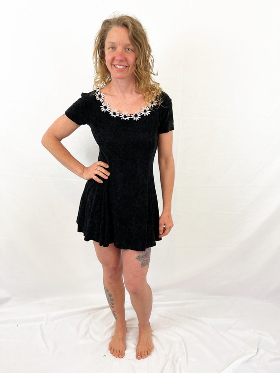 Vintage 1990s 90s Flower Black Mini Dress - Betse… - image 1