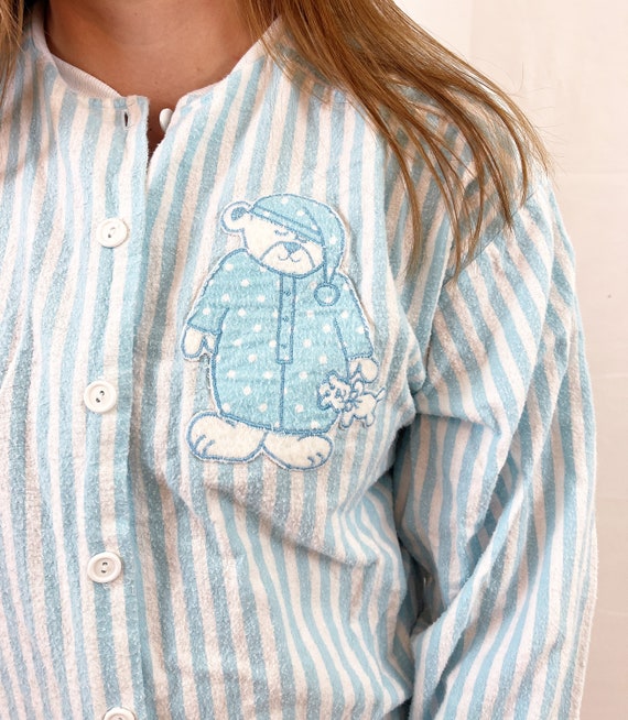 Vintage 80s Teddy Bear Blue Striped Flannel Pajam… - image 3