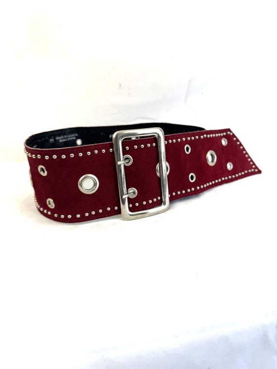 Vintage Wide Red Leather Studded Belt - Made in France  display picture 2