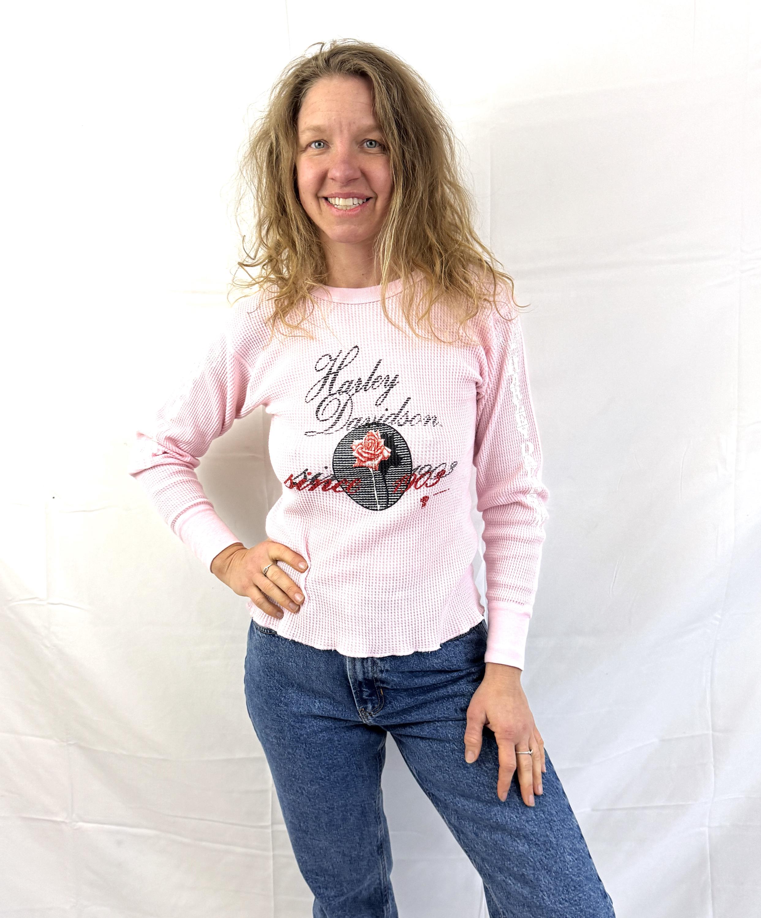 Vintage 1980s 80s Harley Davidson Long Sleeve Pink Thermal Tshirt